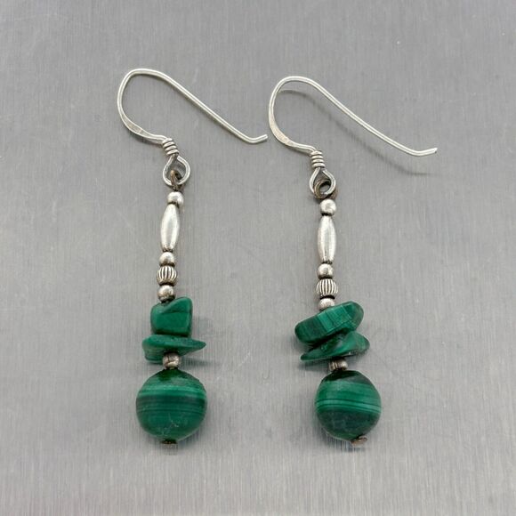 Vintage Sterling Silver 925 Beaded Green Malachite Dangle Earrings - Picture 4 of 5